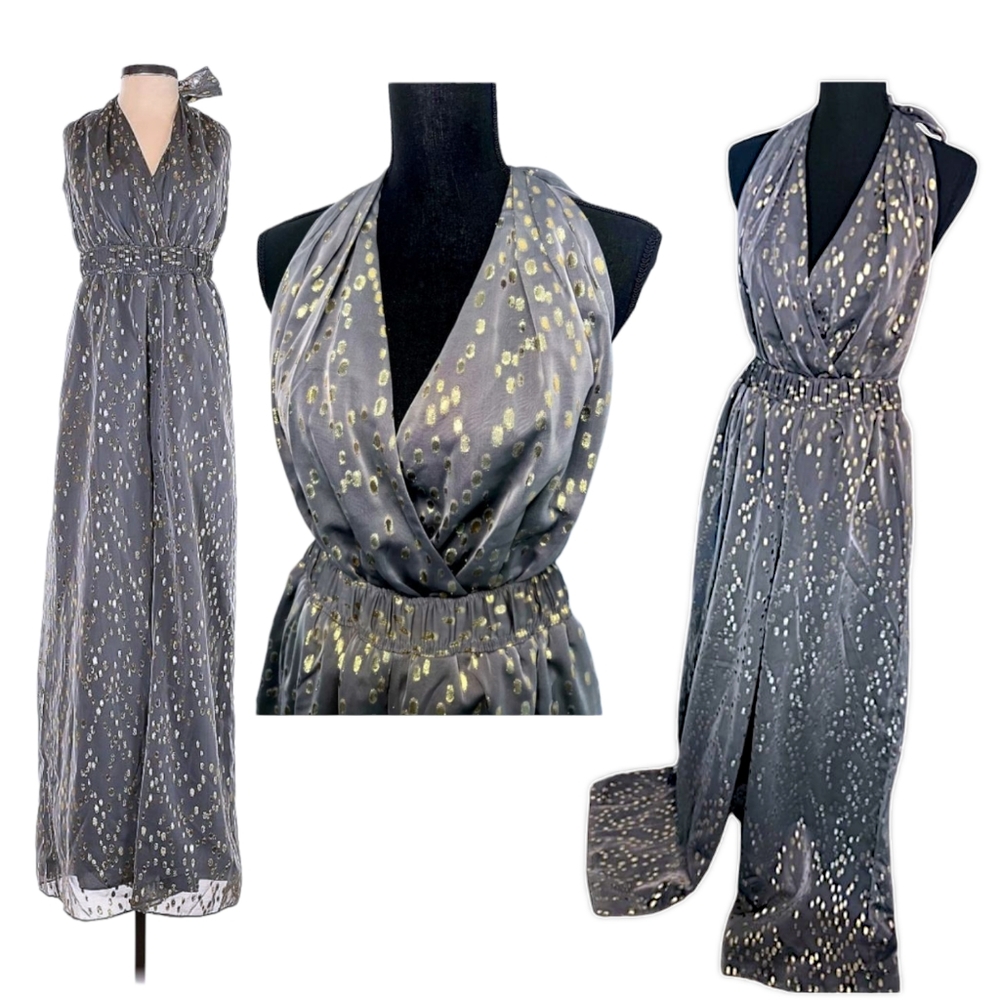 BCBG Silver and Gold Metallic Halter Jumpsuit 17 waist
